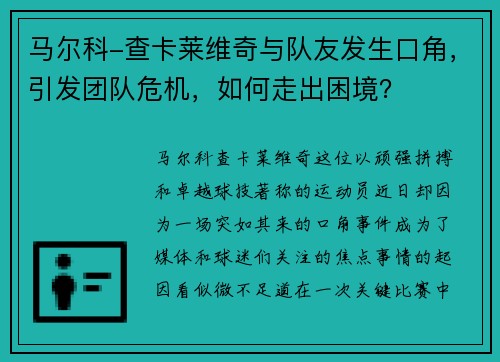马尔科-查卡莱维奇与队友发生口角，引发团队危机，如何走出困境？